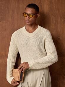 Vientiro Men's New Ribbed Fashion Versatile V-Neck Long Sleeve Sweater - Apricot - View 8
