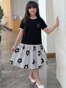 SHEIN 少女休閒日常百搭舒適圓領短袖拼接洋裝 - 黑色 - 查看 5