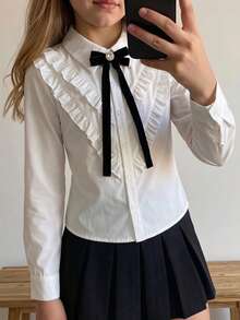 SHEIN Tween女孩返校季百搭百搭白色襯衫，可休閒或正式穿著 - 白色 - 查看 7