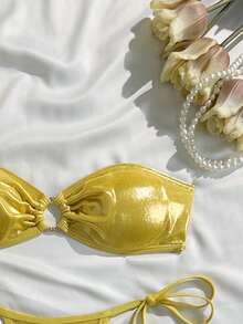 SHEIN Swim 2 件套纯色夏季新款铝箔面料略带衬垫黄色比基尼上衣和侧系带丁字裤 - 金色 - 查看 5
