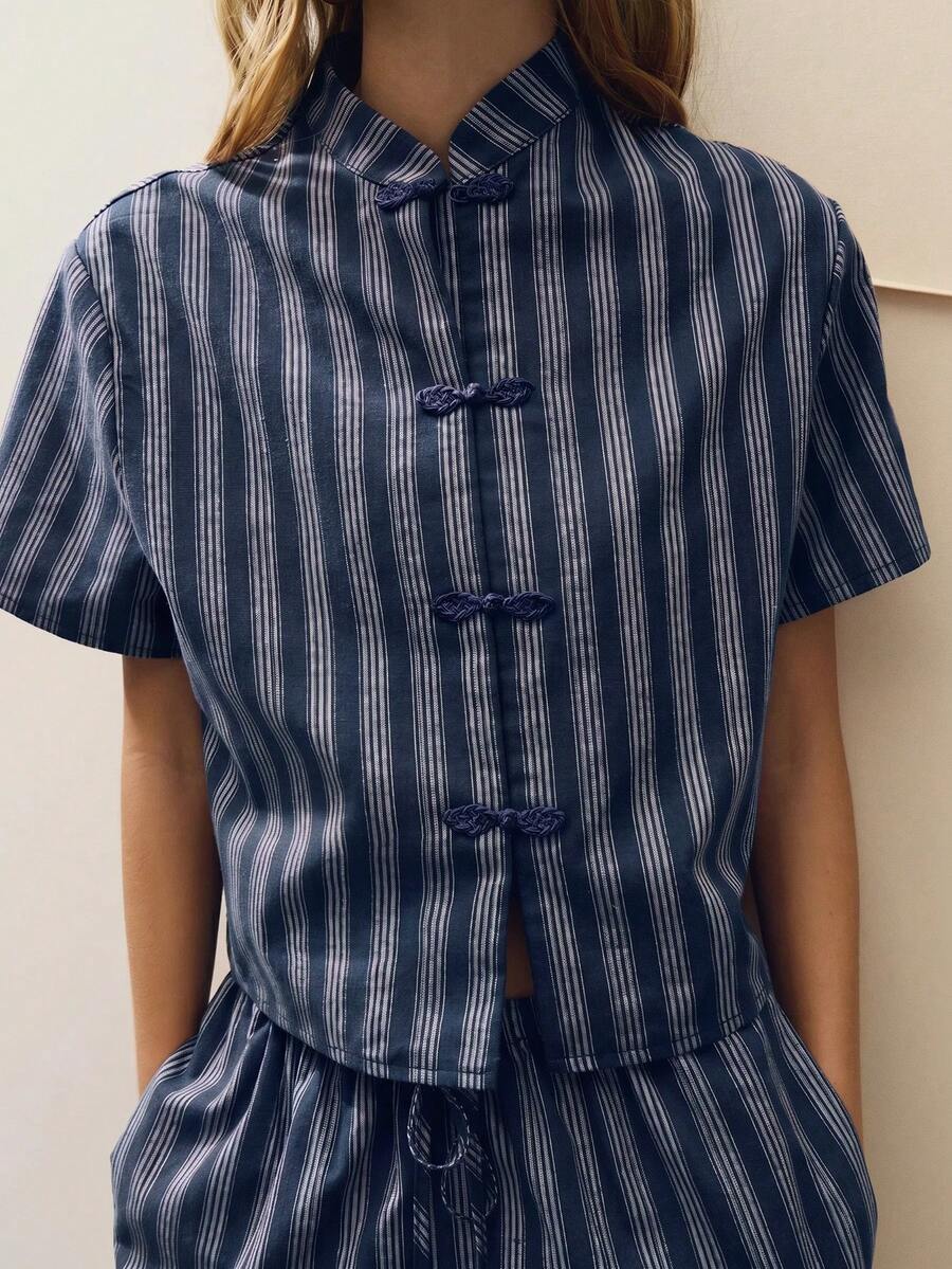 Nöista Traje estampado con cuello con volantes y cintura definida para mujer - Azul Marino - Ver 1