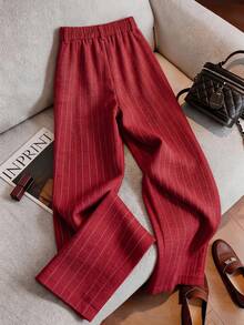 Franclia Quần dài kẻ sọc vải lanh thời trang mới phong cách casual đa năng - Đỏ - Xem 2