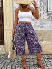 Breezaya Plus Size Casual Straight Leg Pants With Pockets And Drawstring, Loose Retro Summer Trousers - Purple - View 7