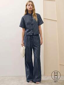 Nöista Traje estampado con cuello con volantes y cintura definida para mujer - Azul Marino - Ver 4