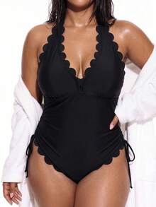 SHEIN Swim Curve Plus Size Women One-Piece Solid Color Cutout Elegant Swimsuit - Black - View 4