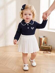 Souflis Souflis Baby Girl Preppy Cute Cow Girl Casual Old Money 2 Pieces Set, Small Cable Knit Collared Polo Cardigan + Pleated Skirt, 6M-3T Navy Blue White - Multicolor - View 3