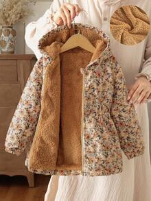 SHEIN Elladie kids 1件装 女童冬季新款 2025 复古卡其色碎花保暖连帽拉链卫衣，带松紧腰带，多功能加厚保暖外套 - 卡其色 - 查看 2