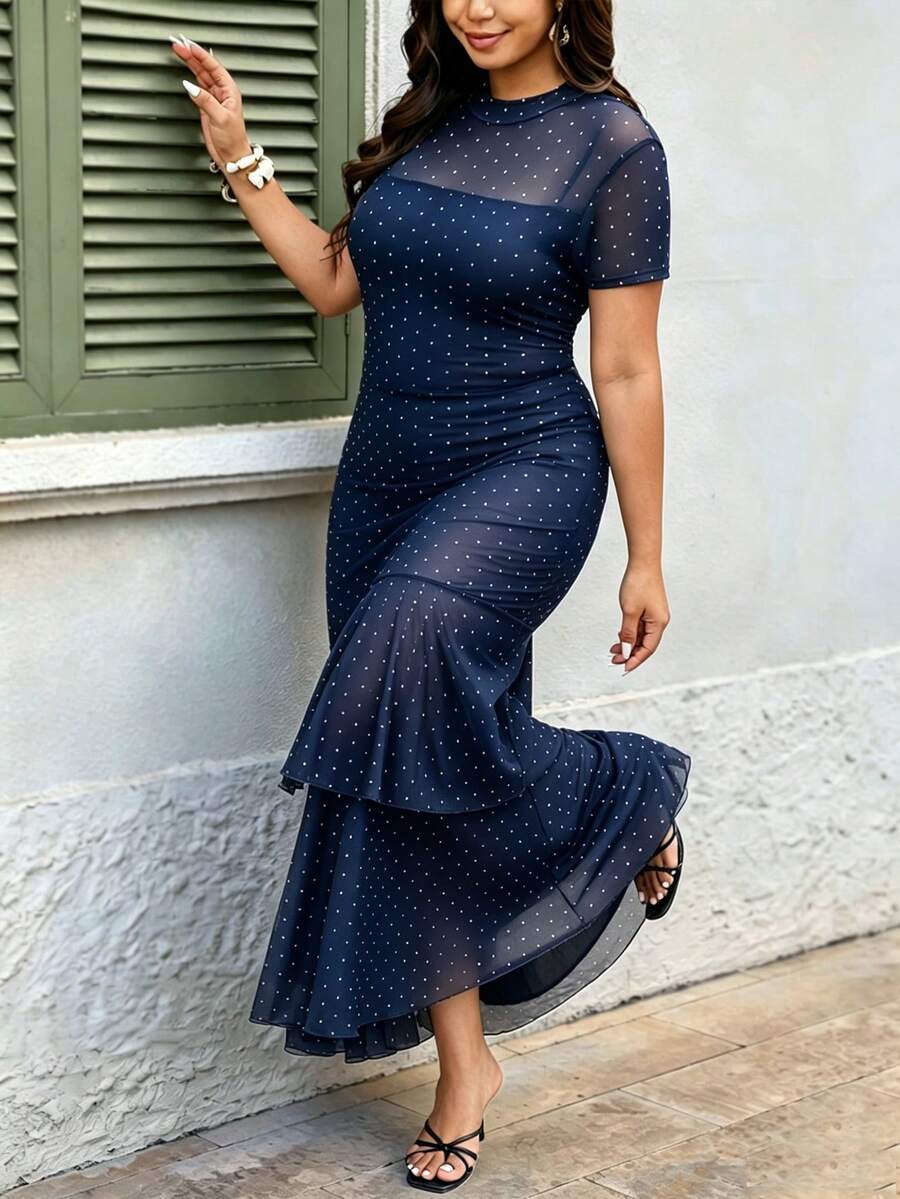 Velvienne Plus Size Women's Spring/Summer Elegant Black Trim Polka Dot Mesh Double Layer Ruffle Hem Dress - Navy Blue - View 1