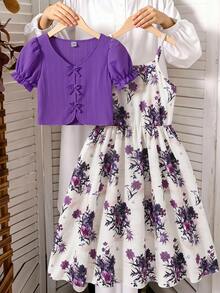 SHEIN 2 piezas/Set Conjunto de camisa y vestido elegante estilo vacaciones para niñas, camisa de manga abullonada texturizada de unicolor y vestido camisola, diseño de encaje en contraste y floral, adecuado para viajes de primavera/verano, playa y uso al aire libre - Morado - Ver 2