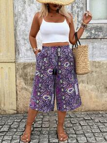 Breezaya Plus Size Casual Straight Leg Pants With Pockets And Drawstring, Loose Retro Summer Trousers - Purple - View 1