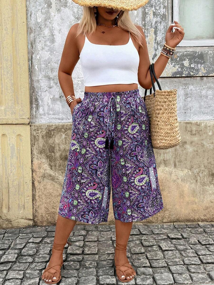 Breezaya Plus Size Casual Straight Leg Pants With Pockets And Drawstring, Loose Retro Summer Trousers - Purple - View 1