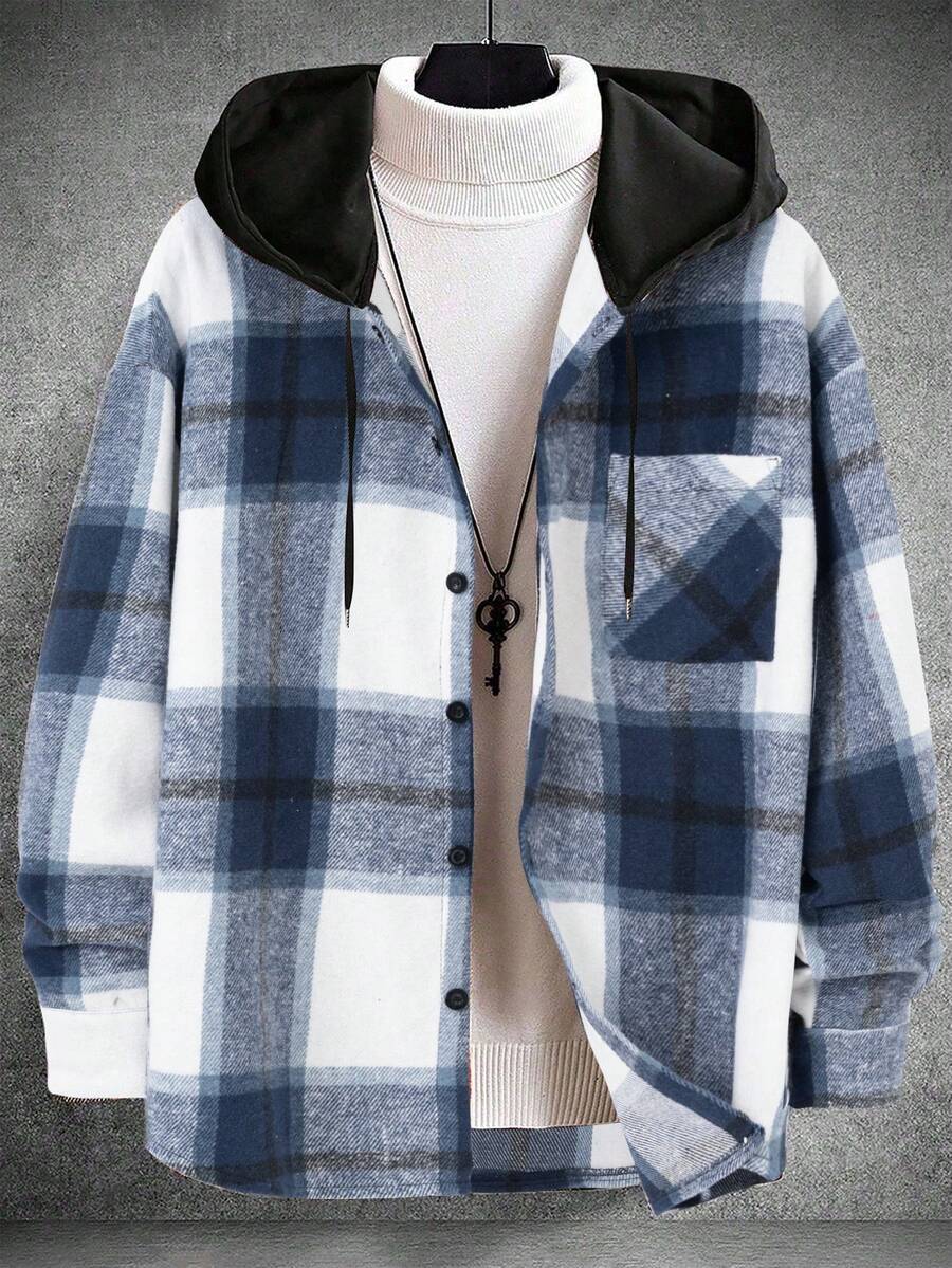 Manfinity Homme Loose Men Plaid Print Drawstring Hooded Shacket Without Tee - Navy Blue - View 1
