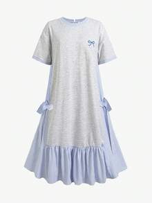 SHEIN 青少年女孩波點拼接撞色短袖中長洋裝，適合青少年女孩，適用於學校、戶外活動、購物，鈕扣開襟洋裝 - 藍色 - 查看 4
