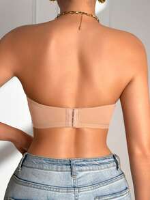 SHEIN 1件裝 女款黑色無肩帶抹胸內衣 網布拼接設計 - 卡其色 - 查看 6