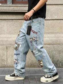 Manfinity EMRG Men's Casual Versatile Daily Travel Denim Jeans With Pocket, Button And Letter Angel Pattern - Blue - View 6