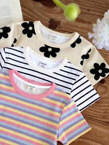 Baby Girls Simple Casual 3 Pieces Set Short Sleeve Top Suitable For Summer - Multicolor - View 5