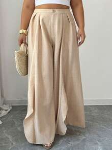 Elenzga Plus Size Women's Solid Color High Waist Pleated Wide Leg Casual Pants - Khaki - View 1