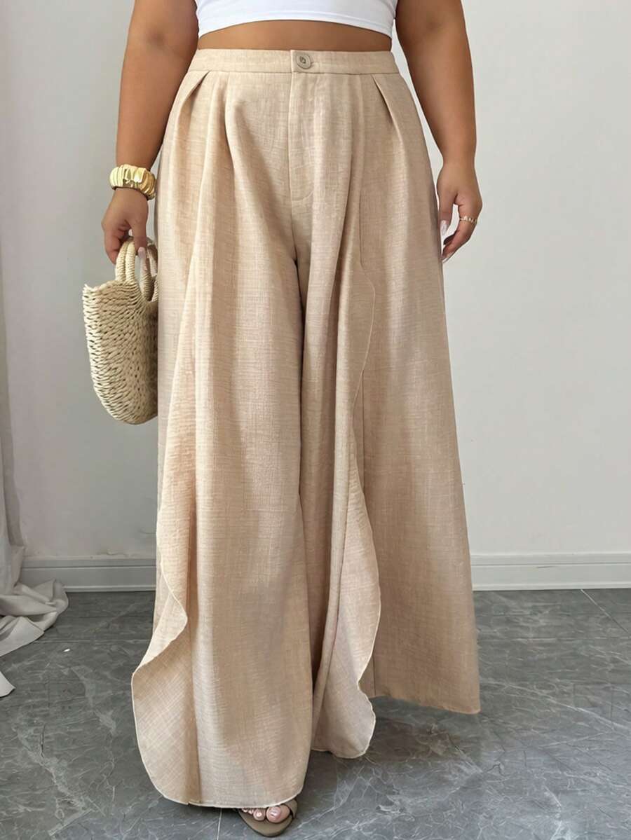 Elenzga Plus Size Women's Solid Color High Waist Pleated Wide Leg Casual Pants - Khaki - View 1