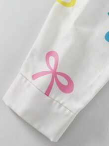 SHEIN 1件少女甜美俏皮風白色襯衫，光滑亮面布料，標準領口，前襟鈕扣開合，滿版彩色蝴蝶結印花，清新活潑，長袖，單鈕扣袖口，寬鬆版型，適合校園、外出、購物、日常穿著，春秋薄款單件 - 白色 - 查看 5
