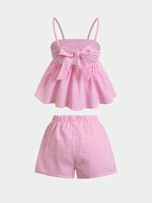 SHEIN Tween女孩夏季休閒度假奶油黃印花背後蝴蝶結裝飾細肩帶背心與寬鬆短褲套裝 - 黃色 - 查看 2