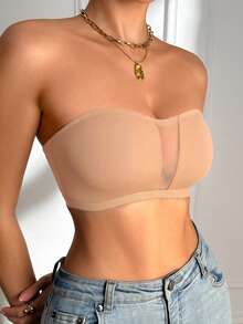 SHEIN 1件裝 女款黑色無肩帶抹胸內衣 網布拼接設計 - 卡其色 - 查看 7
