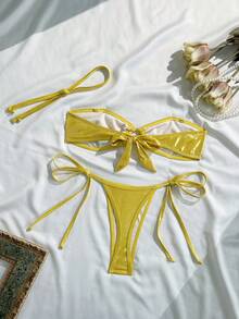 SHEIN Swim 2 件套纯色夏季新款铝箔面料略带衬垫黄色比基尼上衣和侧系带丁字裤 - 金色 - 查看 2