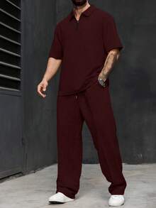 Manfinity Homme Men's Plus Size Solid Color Short Sleeve Polo Shirt And Long Pants Set - Burgundy - View 3