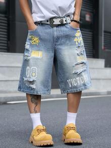 Manfinity EMRG Men's Street Style Casual Printed Distressed Blue Denim Shorts - Light Wash - View 6