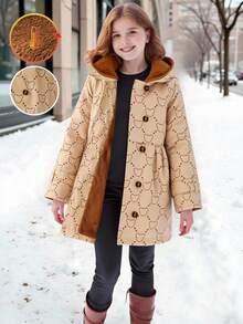 Elladie kids 女童卡其色小熊图案保暖连帽双排扣时尚外套，适合日常休闲穿着，可爱又保暖，冬季适用。 - 卡其色 - 查看 10
