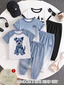 SHEIN 3套組，隨機1套極簡休閒可愛時尚熊圖案丹寧印花T恤與配套丹寧印花長褲套裝，適合夏季出遊與玩耍 - 彩色 - 查看 4