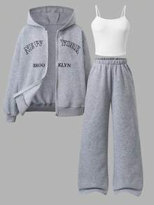 SHEIN 3件組女孩休閒極簡風背心＋短版拉鍊印花連帽外套＋寬腿褲套裝，適合日常穿著，灰色運動褲，女孩灰色運動服套裝，女孩寬腿運動褲 - 灰色 - 查看 3