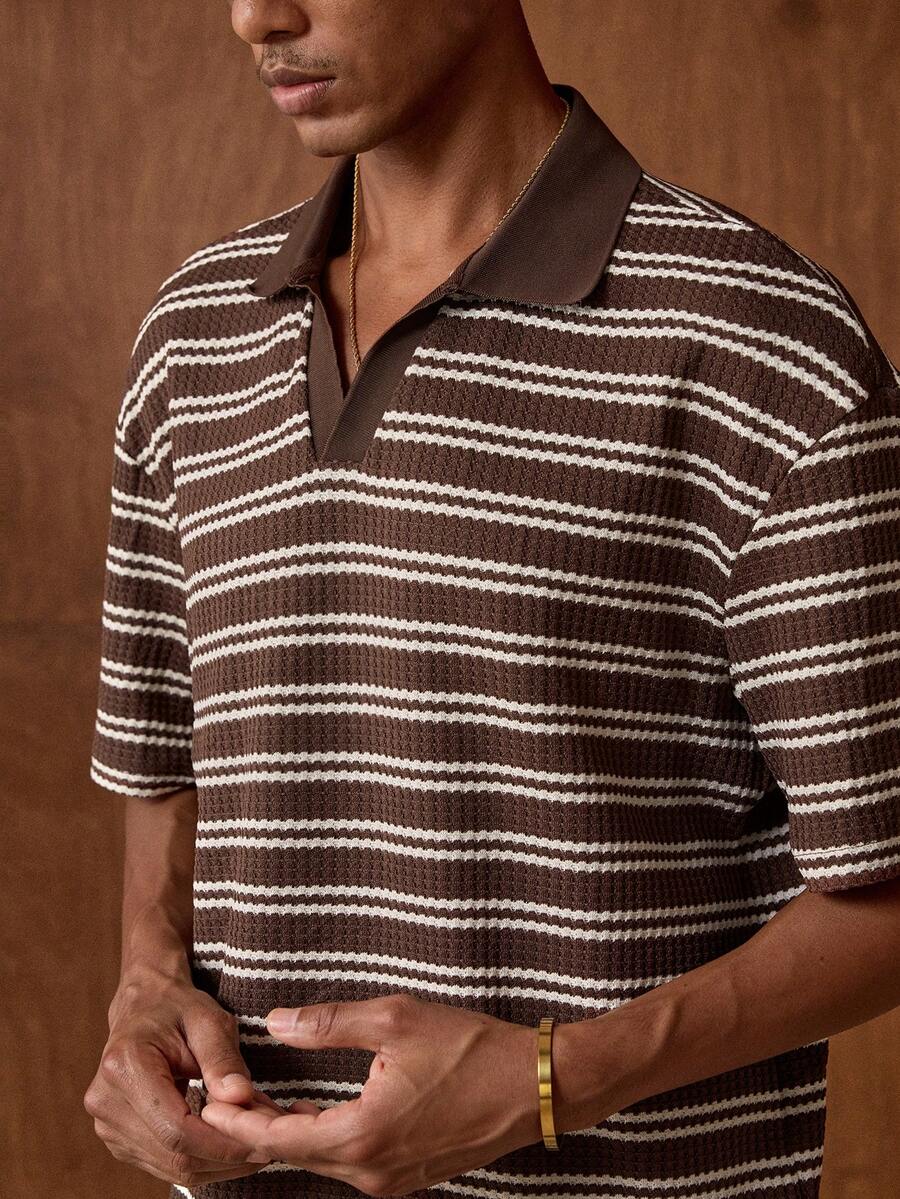 AKNOTIC Men's Casual Striped Short Sleeve T-Shirt, Summer - Coffee Brown - View 1