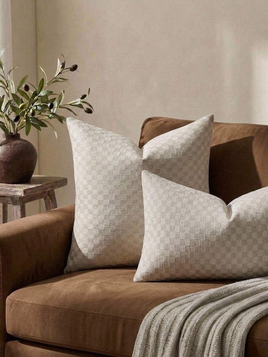 Cirelle 1/2 Stücke karierte Chenille Kissenbezüge, ohne Füllung, ganzjährig weiche Jacquard Kissenhüllen, Reißverschluss Design, universelle Heimdekoration für Sofa und Schlafzimmer - Hellgrau - Übersicht 1
