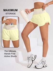 SHEIN Sovereign Charm 女款腰部口袋設計運動短褲 - Butter Yellow - 查看 10