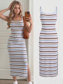 SHEIN Sparklyn Teen Girls Spaghetti Strap Striped Cami Dress With Long Slit,Back-To-School,Cute,Vacation - Blue - View 2