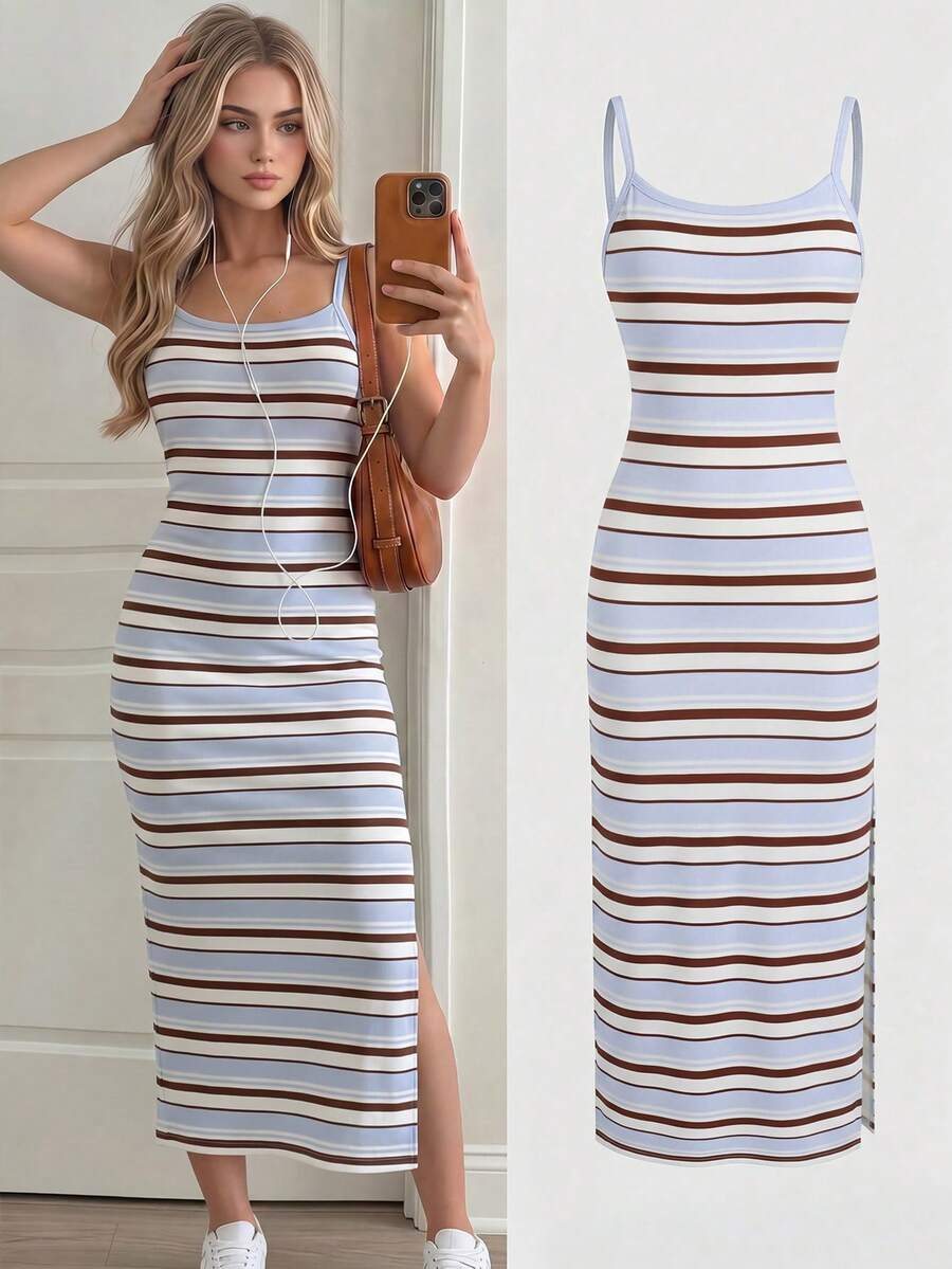 SHEIN Sparklyn Teen Girls Spaghetti Strap Striped Cami Dress With Long Slit,Back-To-School,Cute,Vacation