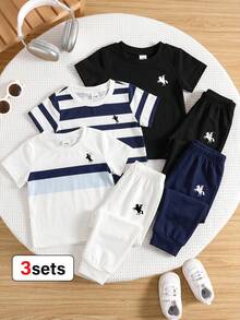 SHEIN Playful Pals Conjunto de 6 piezas/Set para bebé niño con estampado de caballero pony, elemento a rayas, camiseta de cuello redondo de manga corta y pantalones largos, atuendo casual, conjunto de ropa de verano y otoño para niño, conjunto de camiseta para bebé y niño pequeño, paquete de varias piezas - Multicolor - Ver 3