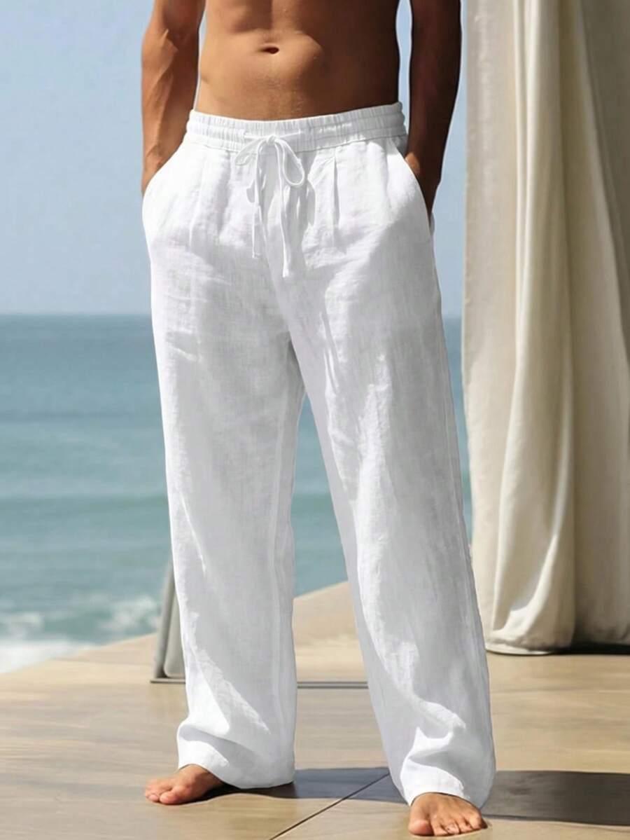 Ironwick Men's Solid Color Drawstring Waist Pocket Straight Leg Sports Pants - White - View 1