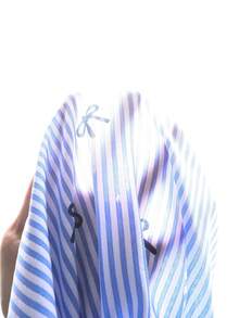 SHEIN 兒童青少年女孩夏季休閒度假藍色條紋背後蝴蝶結裝飾細肩帶上衣與寬鬆短褲套裝 - 藍色 - 查看 7
