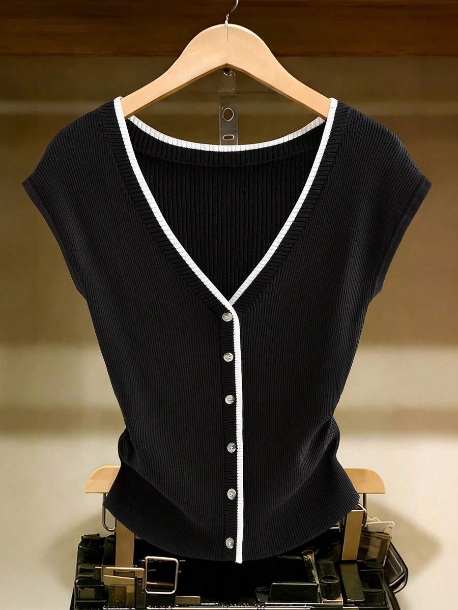 GlowEve CURVE Damen-Cardigan in großen Größen mit V-Ausschnitt, kontrastfarben, lässig, vielseitig, für den täglichen Gebrauch im Herbst - Schwarz - Übersicht 1