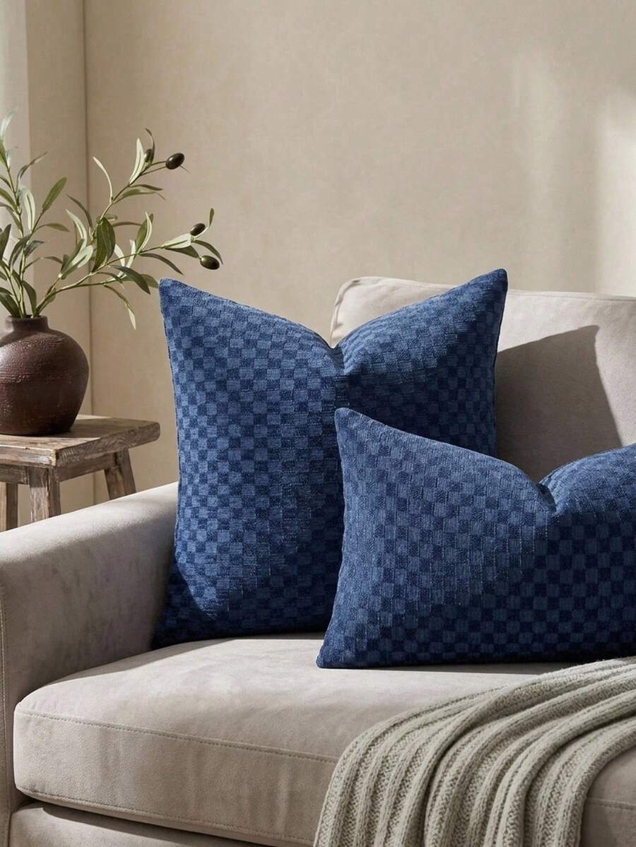Cirelle 1/2 個 45*45cm 格紋雪尼爾抱枕套,不含內芯,四季通用柔軟提花靠墊套,拉鍊設計,適用於沙發臥室的通用家居裝飾 - 藍色 - 查看 1