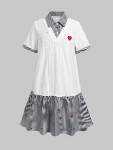 SHEIN 青少年女孩休閒舒適立領撞色羅紋素色洋裝，返校季公主風，適合畢業派對、生日派對，Y2K時尚街頭個性甜酷女孩風 - 黑與白 - 查看 2