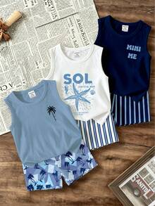 Souflis Souflis 3 Set Pakaian Bayi Laki-Laki, Atasan Tanpa Lengan Motif Pohon Kelapa Minimalis Modis Dipadukan dengan Celana Pendek Motif Pohon Kelapa Warna Kontras - MultiWarna - View 1
