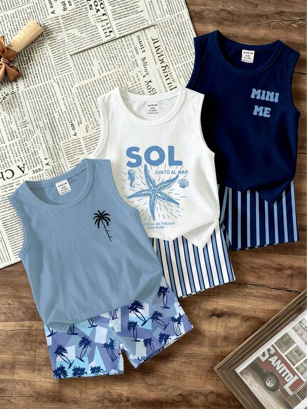 Souflis Souflis 3 Conjuntos de Ropa para Niño Bebé, Camiseta de Tirantes con Estampado de Árbol de Coco Minimalista y Elegante Combinada con Pantalones Cortos con Estampado de Árbol de Coco en Color Contrastante, Camiseta de Tirantes con Estampado Gráfico de Océano en Inglés Combinada con Pantalones Cortos a Rayas Contrastantes