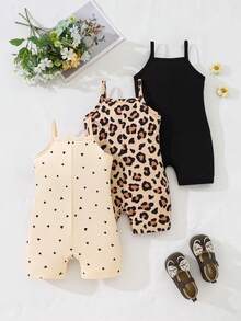 SHEIN 2026新款三件套连体衣，适合小女孩和幼儿，针织面料，黑色爱心印花+杏色蝴蝶结印花+豹纹印花，可爱时尚，柔软舒适，适合日常、上学、度假、派对、情人节、春季、夏季、秋季穿着。 - 彩色 - 查看 2