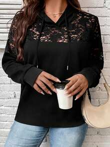 SHEIN CURVE+ Plus Size Women's Drawstring Hooded Lace Casual Versatile Daily Long Sleeve Sweatshirt Fall - Black - View 3