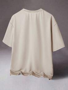 STYNVO 男士字母刺繡圓領短袖休閒寬鬆版型T恤 - 杏色 - 查看 2