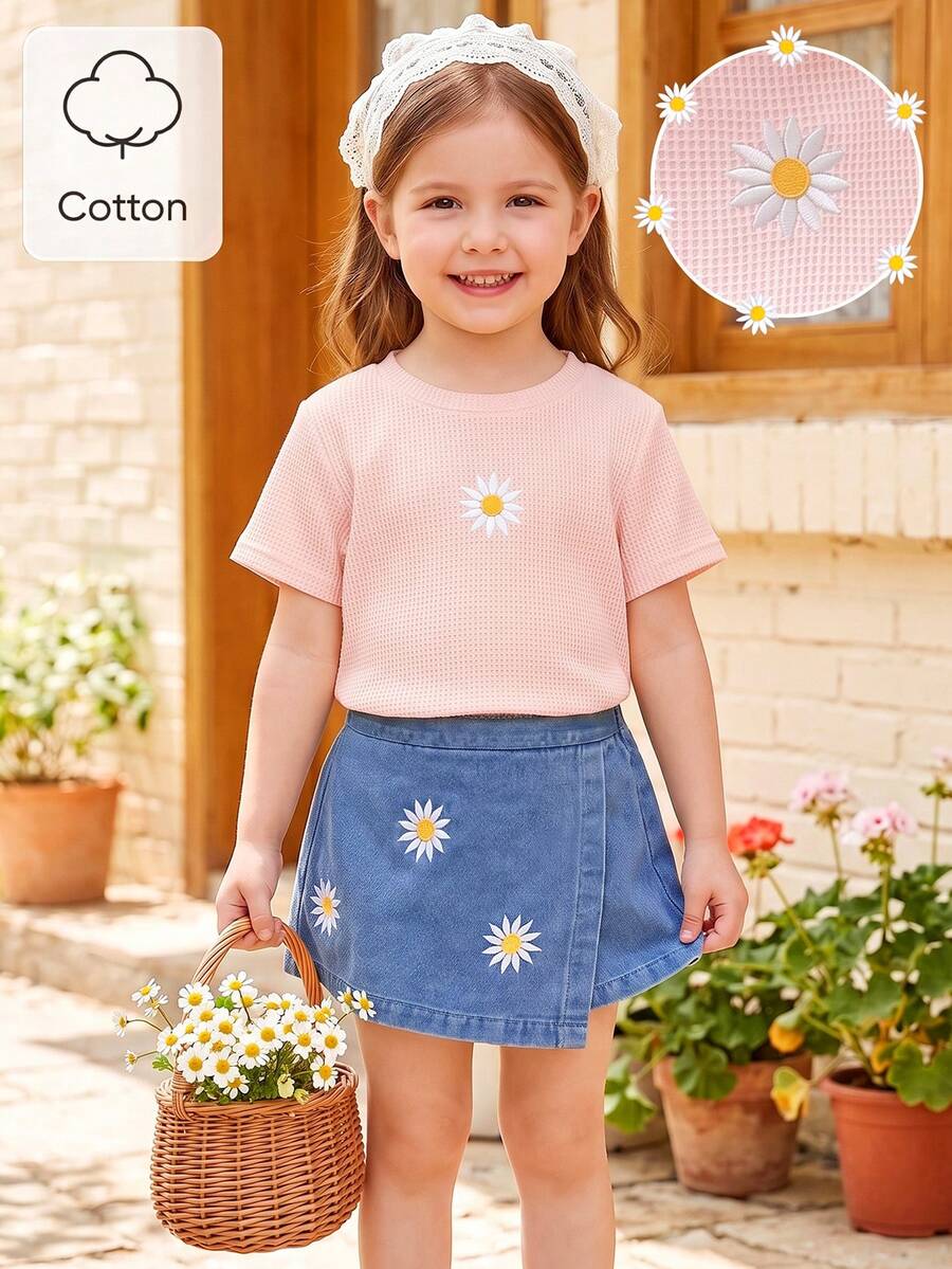 SHEIN Playful Pals 女童休閒可愛圓領標準肩寬彩色波點彩虹印花T恤與純色牛仔裙褲套裝,夏季返校穿搭 - 粉色 - 查看 1