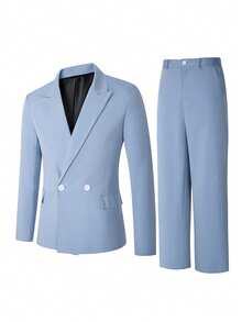 HUEFORM Men's Solid Color Peak Lapel Casual Suit Jacket And Pants Set - Blue - View 4