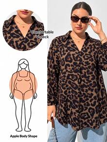Shapeblank 大尺碼女款春秋 90 年代豹紋長袖 V 領襯衫上衣 辦公通勤裝 巧克力棕 秋季 - 棕色 - 查看 2